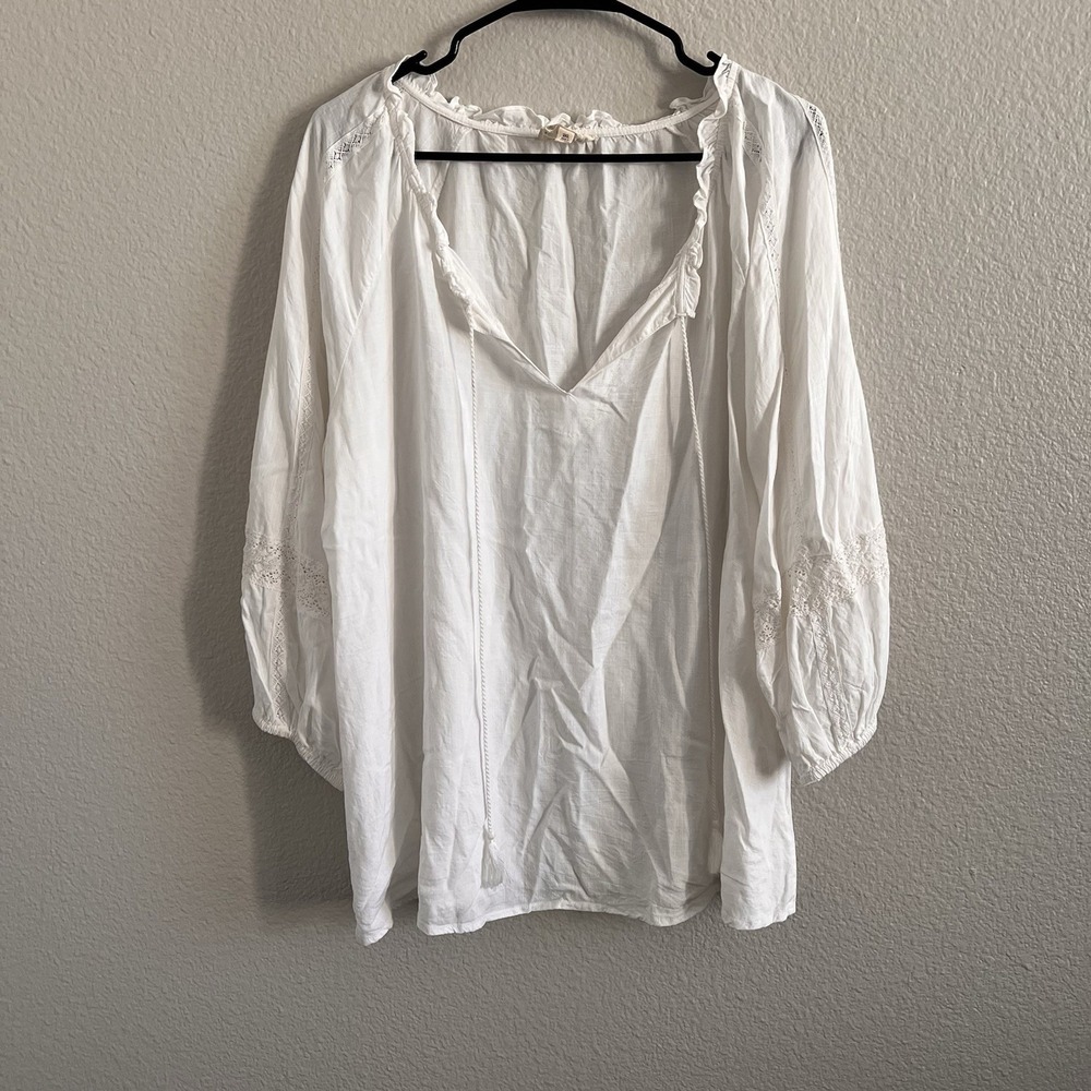 Perch By Blu-pepper Tunic Top Blouse 2XL White Tassels Crochet Puff Sleeve